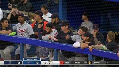 [Highlight] [Highlight] Javier Baez pimps a double off the wall before forgetting the number of outs and being doubled up on an Akil Baddoo lineout. He has since been removed from the game by manager A.J. Hinch.