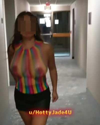 Hotel hallway stroll with my Asian titties showing