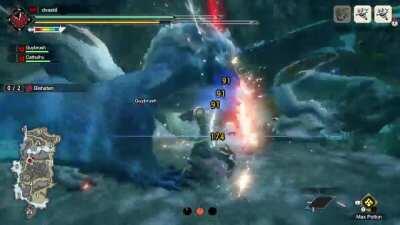 Rathalos is red, Bishaten is blue; Metsu Shoryugeki, to KO both of you!