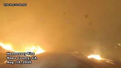 Escaping through Hennessey Fire in Northern California, 18 August 2020
