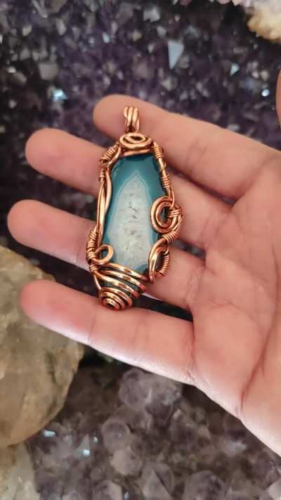 Blue Agate Slice Pendant, wire wrapped by me :)