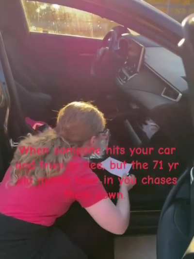 A driver tries to flee after hitting a 71-year-old woman while she was driving. The woman catches her and the driver proceeds to come unhinged