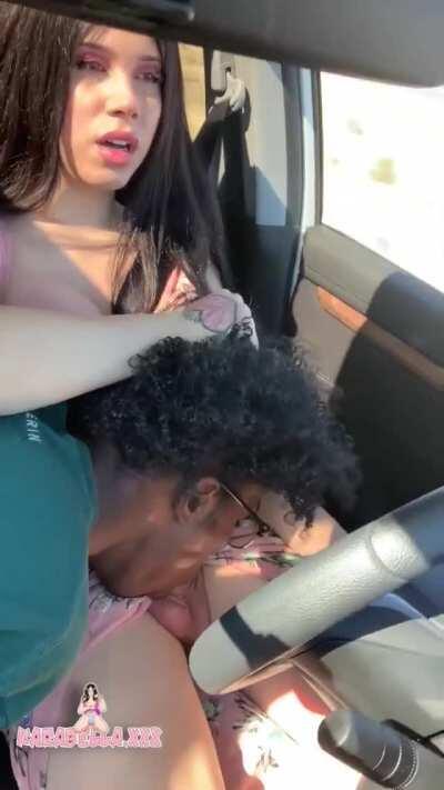 Karabella gets a blowjob while driving her car (gif)