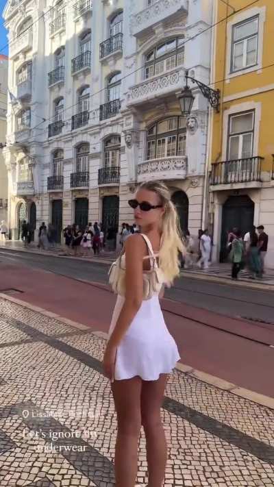 Polina Malinovskaya - Windy Lisbon Streets in a Very Sheer Dotted White Dress (IG Story Clip)