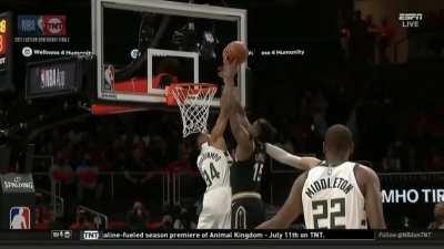 [Highlight] Giannis gets the beautiful block on Capela and then throws down the jam around Collins