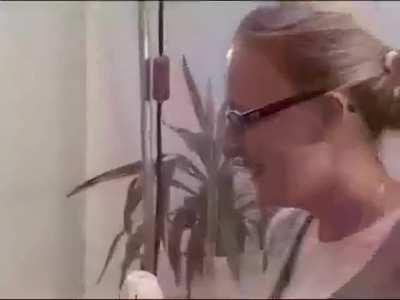 Horny guy on a porn set decides to try and fuck the make up lady