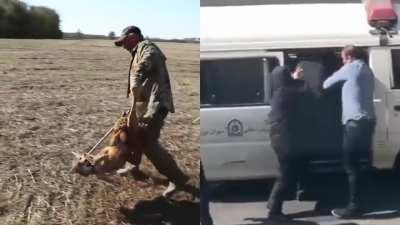 The Islamic Republic's morality police using a catch pole (a tool for restraining wild animals) to arrest a woman with a so-called "improper" hijab, October 14, 2021.