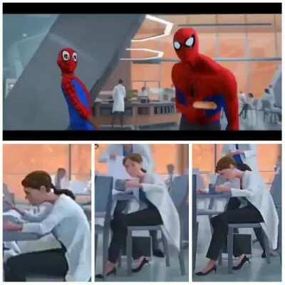 In Spider-Man: Into the Spider-Verse (2018) during the lab heist scene, all the workers are getting out their guns except one of them, who decides not to do anything about the problem.