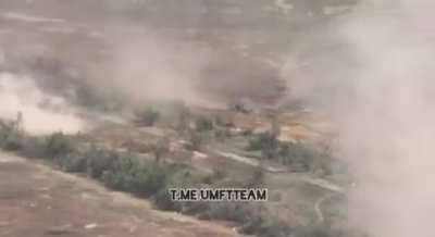 ua pov - Russian tank that was assaulting a Ukrainian position was hit with multiple AT-4s at close range. Crew bails out and runs, the tank burns