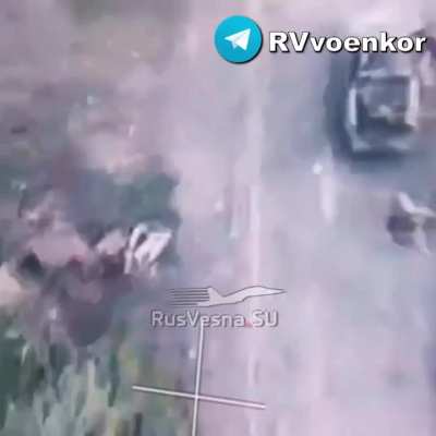 A russian FPV drone hitting a pickup truck with Ukranian soldiers on it. Miraculously none of the soldiers died from the explosion.