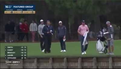 Berger, Hovland and Dahmen get into it on 16 after Berger wanted to drop much closer to the green after hutting into the water.