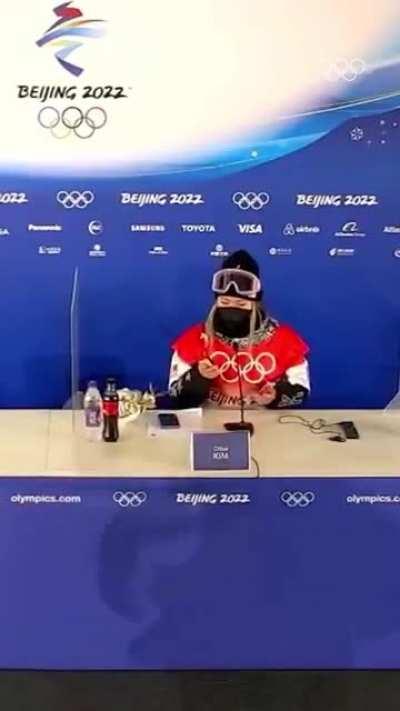 US snowboarder, Chloe Kim, asking for a snack in the winter Olympics press conference