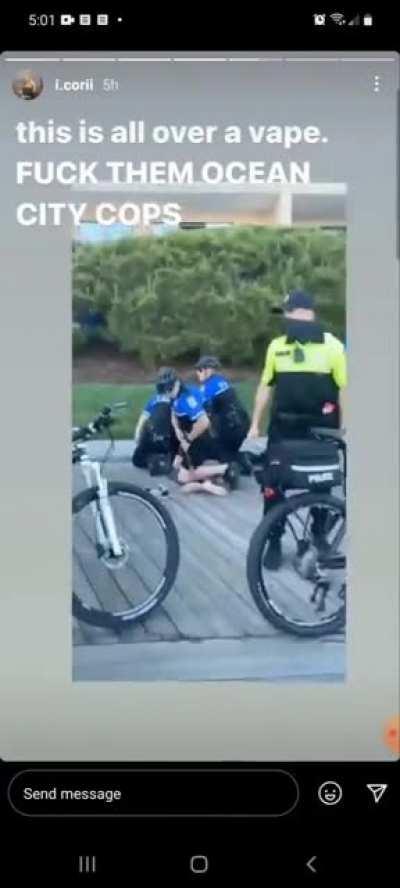 Police in Ocean City, Maryland tasered a 17-year-old teenager after they accused him of vaping. The teenager was not in any way physically interacting with police. After being tasered, he collapsed unconscious on the ground, was then hogtied and placed in