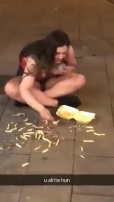 Eating french fries on floor