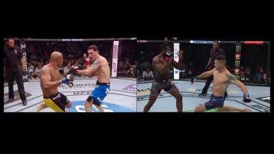 Chris Weidman checks Anderson Silva's kick and breaks his leg. 8 Years later, Uriah Hall checks Chris Weidman's kick and breaks his leg...