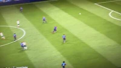 First game of foot champs.. Opponent presses B to tackle my player and accidentally turns and shoots a half field goal...