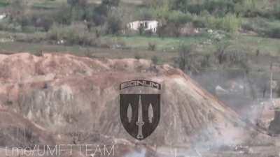 A Ukrainain soldier kills 2 retreating Russian soldiers with a precise grenade throw. Location/date unknown.