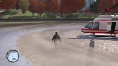 Today I discovered that due to GTA IV's water physics, a helicopter can push the water in the Middle Park lakes away so you are actually able to land on the bottom of the rather shallow lake.