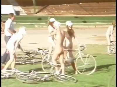Behind the scenes of Queen's Bicycle Race music video shooting at the Wimbledon Stadium. London, 1978.