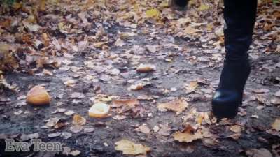 Eva in the Forest with Black Boots and Red Bottoms VS Food