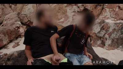 My awesome girlfriend makes me cum right on the public beach!