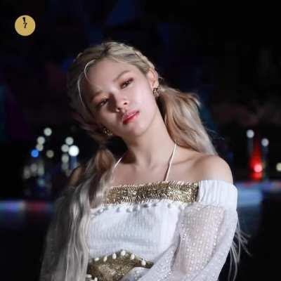 Jeongyeon - blonde, braided pigtails, white top, gold accents, 200606