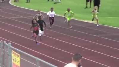 Seven-year old Rudolph “Blaze” Ingram from Tampa Bay, runs a 60-meter dash in 8.69 seconds and 100 meters in 13.48
