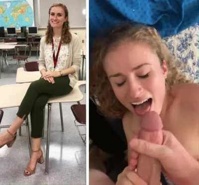 Cute nerdy teacher takes facial after sucking cock