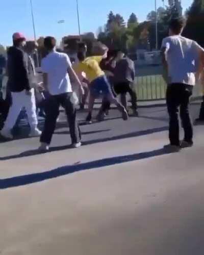 The kid that was attacked is disabled, judging for his arms looks like he has cerebral palsy. That’s why everyone attacked the bully