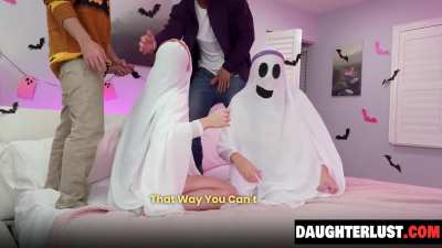 Stepdaughters Lost Their Virginities to Each other's Stepdad Before Halloween 🎃