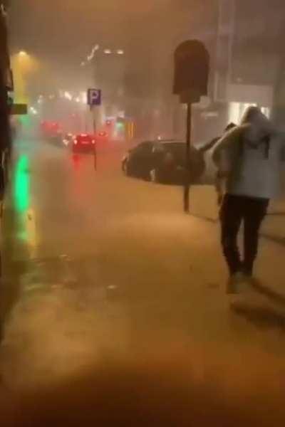 Running down a wet sidewalk