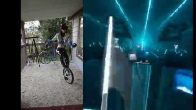 Kda Akali playing beat saber one legged on a unicycle