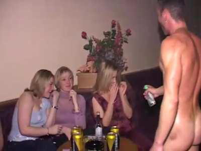 Young woman doesn't know what to do with Loverboys stripper's cock. Afterwards he gets his body rubbed by some hot blondes.