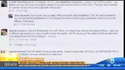 Cop arrests fire fighter in the middle of tending to a wounded civilian because fire truck was 1 mm over the line.