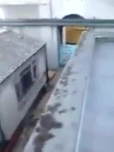 The kid jumped on the roofs and made a hard landing