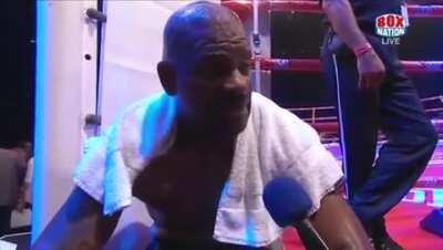 Boxer Tony Thompson ends his interview by asking for a donation to help his wife who he viciously threatens to put in a wheelchair