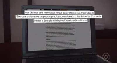 Jornal Nacional explicando em detalhes a tentativa de contrabando de Bolsonaro, com joias no valor de R$ 16,5 milhões para sua esposa Michelle, que envolveu diversos ministros fazendo pressão na Receita Federal e militares