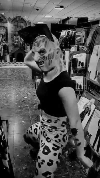 Working that body in a Kruger mask, the lil goofball!