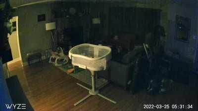 Motion detected this morning. Please look at the mirror. Is that a ghost walking?