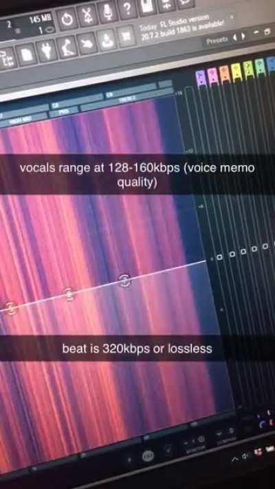proof that “i changed her life” vocals are a voice memo. a normal studio recording would be peaking toward the high end indicating that the quality is 320kbps or lossless. this vocal however ranges around 128-160kbps which is voice memo/video rip quality