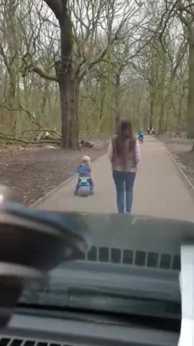 Woman annoyed at park maintenance for driving in park