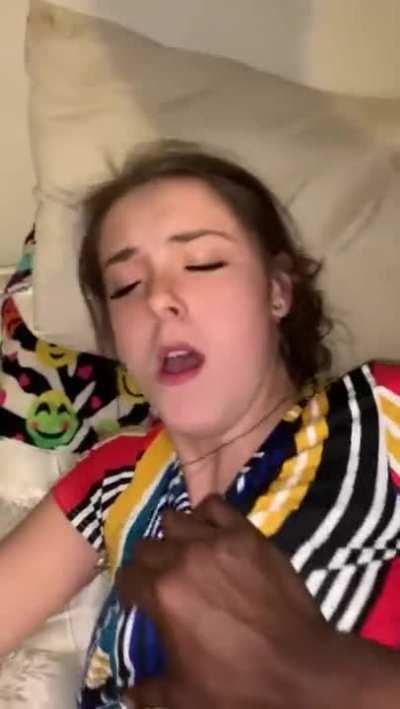 Black dude smashes tiny white slut's pussy