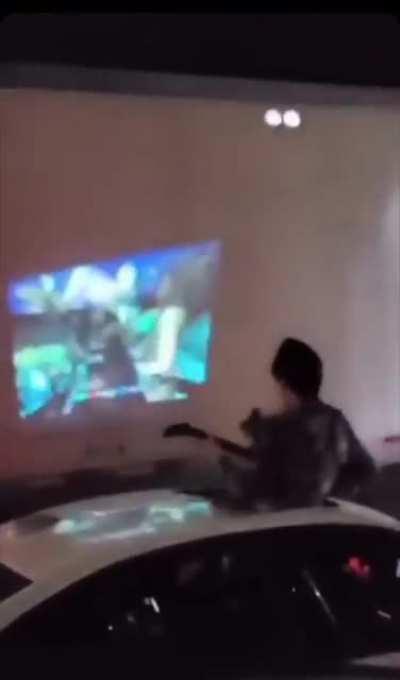 I take your couch guitar hero and raise you to highway guitar hero!