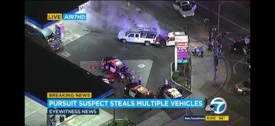 Pursuit in LA ends in crash, police shooting.. multiple cars stolen, crashes into gas pump