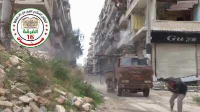 Syrian Army takes offense to the use of a lorry mounted BMP technical - Aleppo