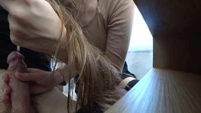 Hanjob and Blowjob Under School Table from Hot Classmate
