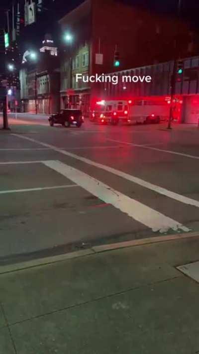 Jeep driver panics while trying to get out of a firetruck's way