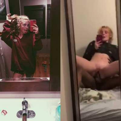 Filming herself while she gets stuffed full of black cock