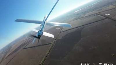 Ukrainian kamikaze drone hits a Russian Lancet loitering munition by Konstiantynivka. Published 13 december 2024