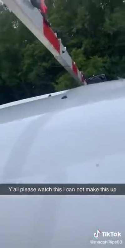 Broke the railroad crossing arm (with comedic timing at the end)